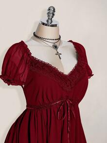 SHEIN ICON Váy babydoll dáng chữ A tay bồng cổ chữ V cỡ lớn, váy gợi cảm cổ điển Y2K, kỳ nghỉ hè, quần áo mùa tốt nghiệp trở lại trường, quần áo mùa hè - Màu Đỏ Sâu - Xem 6