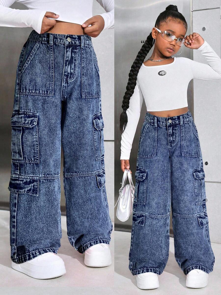 SHEIN 少女Y2K春夏时尚纯色水洗高腰翻盖口袋宽松直筒工装牛仔裤，适合女孩夏季返校街头风、海滩波西米亚风音乐会阔腿裤、锐舞节、毕业典礼等场合，Y2K宽松牛仔裤，水洗牛仔宽松牛仔裤，少女秋冬工装牛仔裤 - 深色水洗藍 - 查看 1