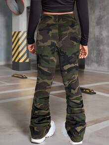 SHEIN Tween Girls Y2K Tree Branch Printed Flared Jeans With Pleats And Flap Pocket Stacked Jeans, Camo Cargo Pants, Teen Girl Camo Pants, Camouflage Jeans, Girls Camo Pants - Army Green - View 2