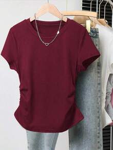 6pcs Women's Casual Everyday Pleated Waist Short Sleeve T-Shirts, Versatile - Burgundy - View 3