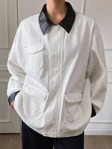 Livesso Women's Loose Fit Contrast Color Denim Jacket, Autumn Long Sleeve Tops - White - View 5