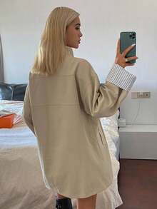 DAZY 女式条纹袖口宽松休闲风衣女式夹克，秋季女装 - 卡其色 - 查看 4