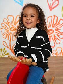 少女彩色条纹宽松休闲开衫毛衣，秋冬 - 黑色 - 查看 5