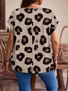 EMERY ROSE Casual Minimalist Leopard Print Loose Round Neck Long Sleeve Plus Size Shirt Suitable For Summer - Black - View 7