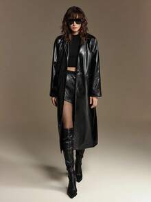 Ontre 2025现代都市风格长款皮衣直筒宽松版型商务休闲通勤日常穿搭秋季 - 黑色 - 查看 3