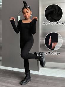 SHEIN 青少年女孩休闲日常简约针织羊毛高领长袖修身纯黑色连体裤，秋冬 - 黑色 - 查看 4