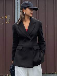 DAZY 女士翻领长袖修身大衣外套 - 黑色 - 查看 8