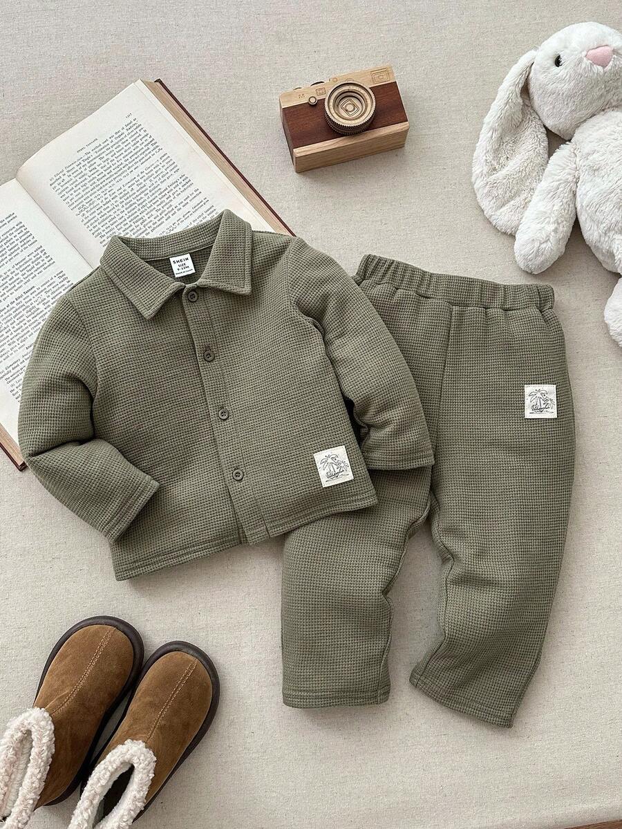 Blossori 男宝宝法式优雅翻领前扣长袖衬衫/裤子套装 - 綠色 - 查看 1