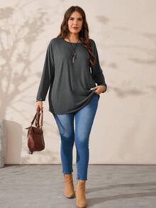 EMERY ROSE Plus Size Round Neck Long Sleeve Casual Loose Soft Appealing Winter T-Shirt,Fall Clothes - Dark Grey - View 3