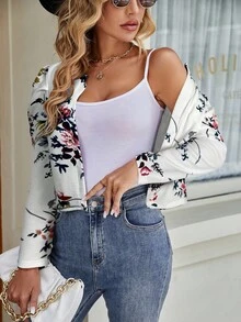 SHEIN Clasi Floral Print Gigot Sleeve Cropped Cardigan In Fall/Winter - White - View 5