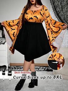 SHEIN CURVE+ Váy tay loe in hình dơi cỡ lớn dành cho nữ, Đầm Halloween/Mùa thu/Mùa đông - Nhiều màu - Xem 3