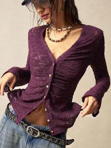 Bohemela 大码女式V领单排扣长袖褶皱时尚衬衫 - 紫色 - 查看 2