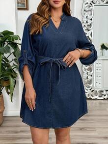 SHEIN EMERY ROSE CURVE 新品大码牛仔连衣裙翻领半襟套头腰带半袖连衣裙深蓝色连衣裙中长连衣裙秋季连衣裙女士冬季连衣裙万圣节教师装教师服装大码教堂服装女士商务休闲女士飘逸连衣裙 - 中等水洗藍 - 查看 3