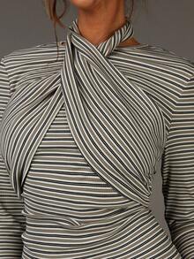 Athîral New Year Dress Women, Winter Dress Women, Striped Long Sleeves Chest Twist Halter Neck Long Sleeve Mini Dress - Multicolor - View 5