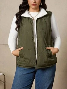 Zelara 大码女式休闲冬季纯色航海风外套，前拉链无袖口袋哥特式外套，秋季款 - 軍綠色 - 查看 3