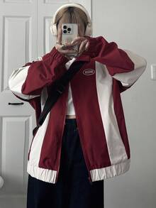 FRIFUL Chaqueta holgada de mujer con bloques de color, ropa de mujer para otoño - Rojo - Ver 4