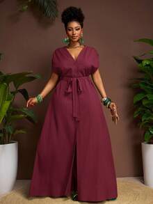 Veslaya Plus Size Summer Vacation Casual Solid Color Front Button Long Dress - Burgundy - View 8