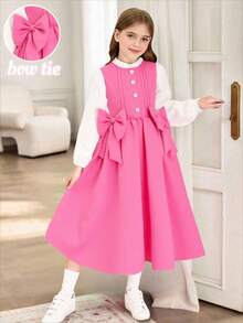SHEIN Kleine Mädchen Frühling & Herbst Vintage akademischer Stil Gewebe Kleid mit 3D Schleifen Dekor, Rosa; Kleine Mädchen Weiß Langarm Kleid mit Rüschen Saum und Bernstein Knöpfen, geeignet für Schulanfang, süß & elegant für Alltag, Reisen, Fotoshootings und Zusammenkünfte Herbst Winter - Heißes Pink - Übersicht 3