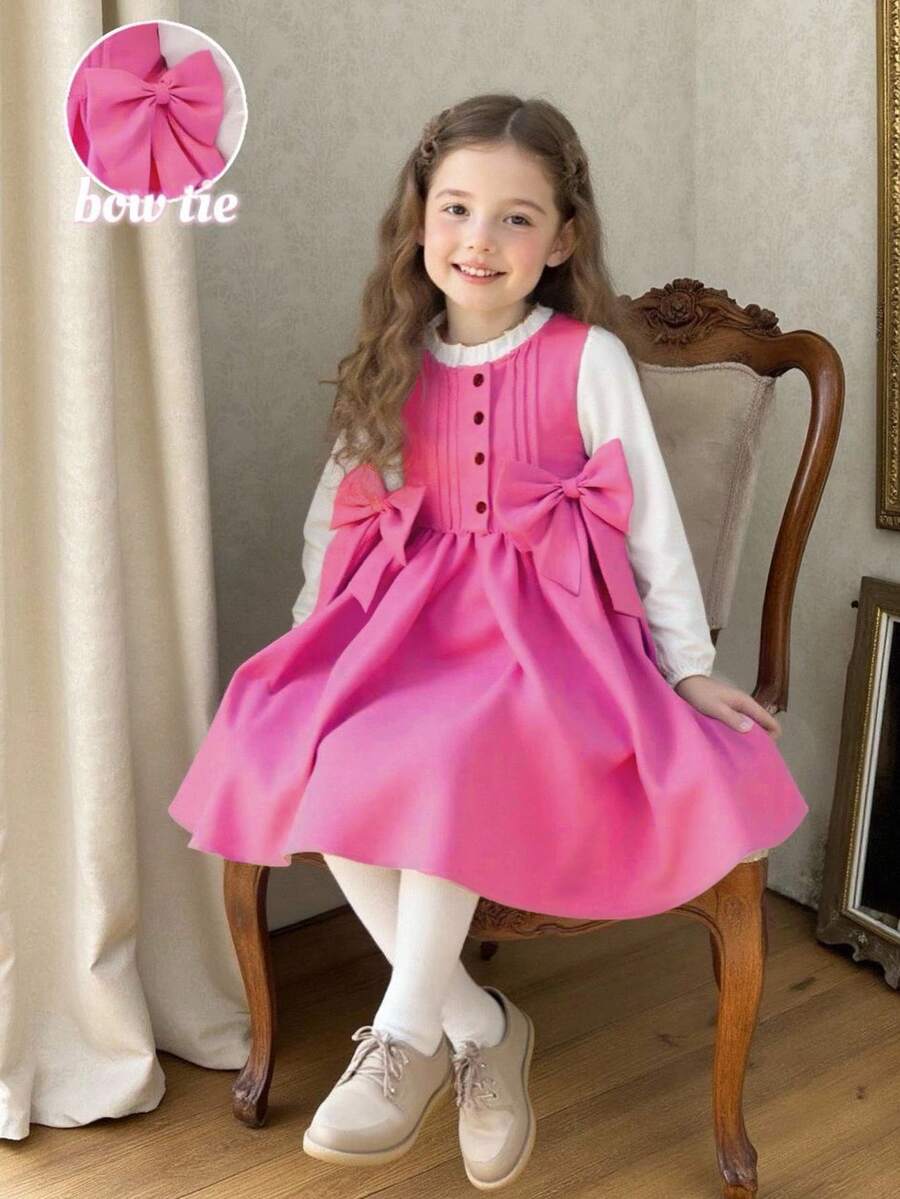 SHEIN Kleine Mädchen Frühling & Herbst Vintage akademischer Stil Gewebe Kleid mit 3D Schleifen Dekor, Rosa; Kleine Mädchen Weiß Langarm Kleid mit Rüschen Saum und Bernstein Knöpfen, geeignet für Schulanfang, süß & elegant für Alltag, Reisen, Fotoshootings und Zusammenkünfte Herbst Winter - Heißes Pink - Übersicht 1