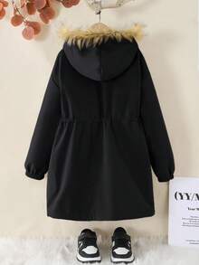 Tween 女童休闲街头装保暖保暖内衬收腰宽松中长连帽夹克外套 - 黑色 - 查看 2