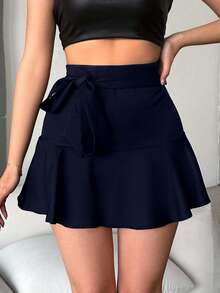 EURMUSE Damen Lässig vielseitige einfarbige Rüschen-Saum Rock