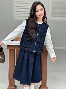 Dazy Kids 2 件套青少年女孩牛仔无袖夹克 + 牛仔裙套装，秋季 - 藍色 - 查看 4