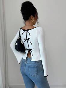 Elenzga Women's Elegant Commuter Contrast Trim Tie Back Slit T-Shirt - White - View 5