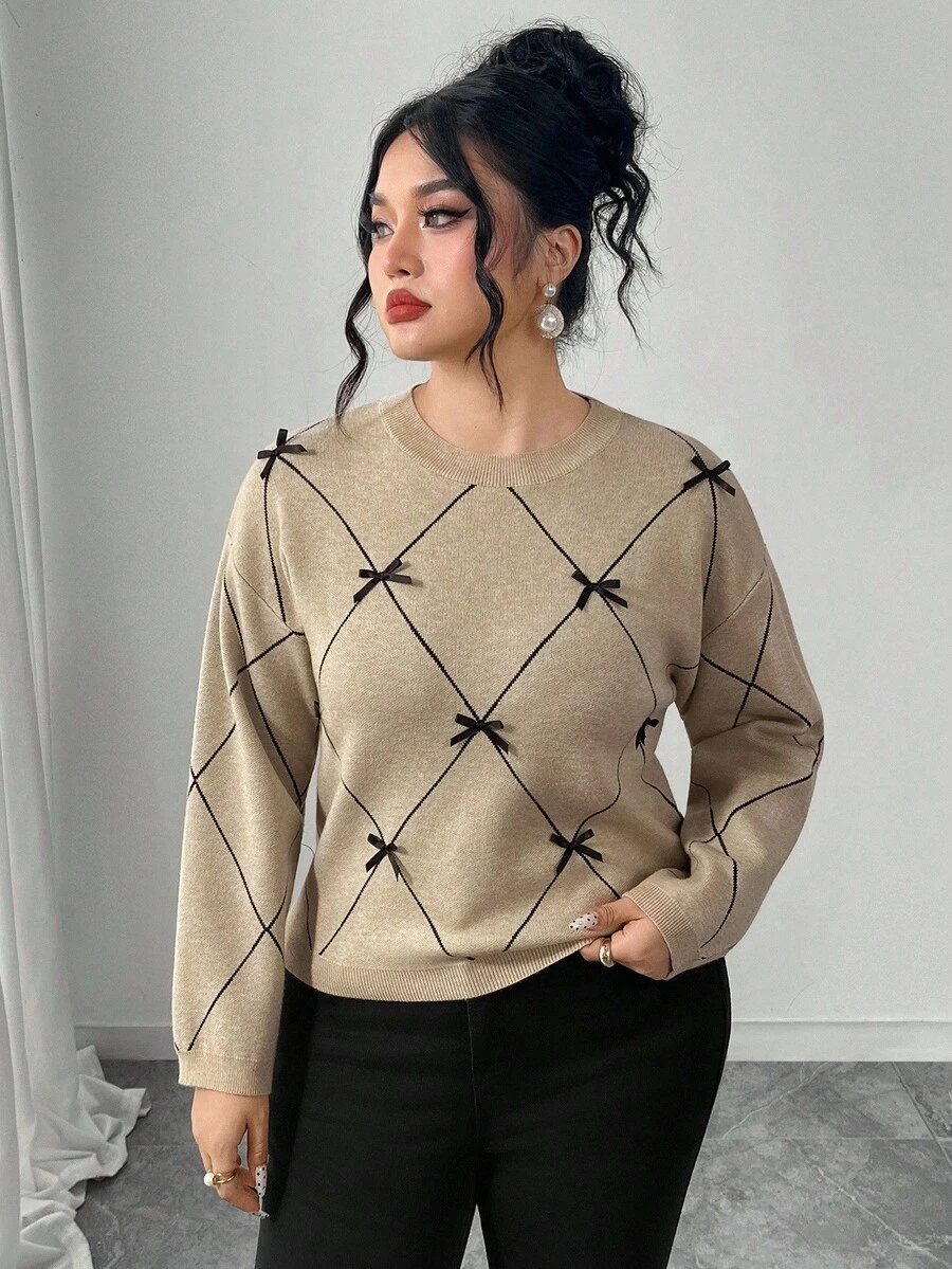 Modelyn 大码女式圆领撞色蝴蝶结装饰落肩休闲针织套头衫 - 卡其色 - 查看 1