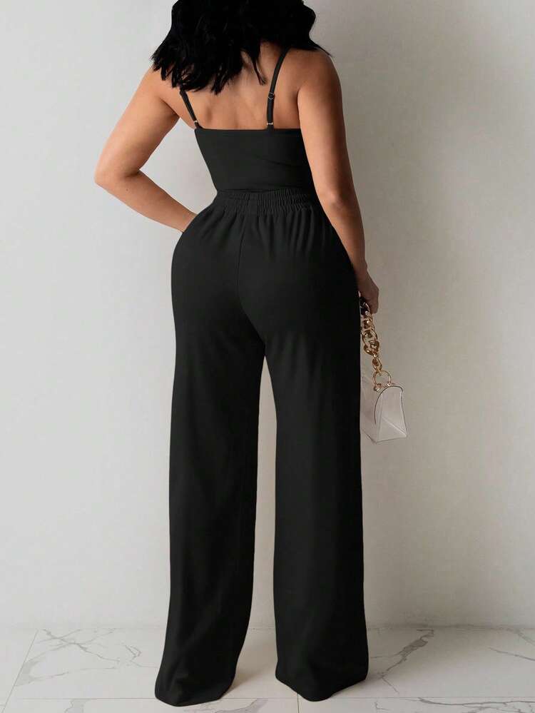 INAWLY Bộ đồ 2 món cỡ lớn dành cho nữ: Áo hai dây ôm sát gợi cảm và quần ống đứng, giản dị và thanh lịch - màu đen - Xem 2