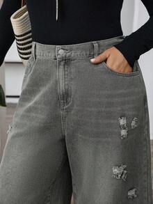 SHEIN CURVE+ 女士灰色秋冬宽松休闲牛仔裤，破洞装饰，女士所有服装，万圣节服装，女士乡村风格，别致秋季