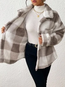 INAWLY Plus Size Women Casual Commuter Collegiate Plaid Pattern Drop Shoulder Loose Patchwork Pocket Teddy Fleece Jacket, Autumn/Winter