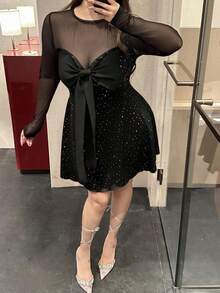 Vibekara Plus Size Women's Autumn/Winter Spicy & Sexy Bodycon Mesh Patchwork Sequin Mini Dress Sheer Dress Polka Dots Sparkly Black Dress Black Bow Dress Goth Polka Dot Black Glitter Dress Elegant Dress - Black - View 3