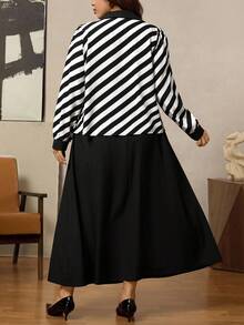 Zelara Conjunto informal de 2 piezas de camisa de manga larga con botones a rayas y falda evasé para mujer de talla grande