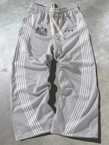 Manfinity EMRG Quần nỉ ống rộng lưng cao họa tiết sọc chữ cho nam - Xám - Xem 5