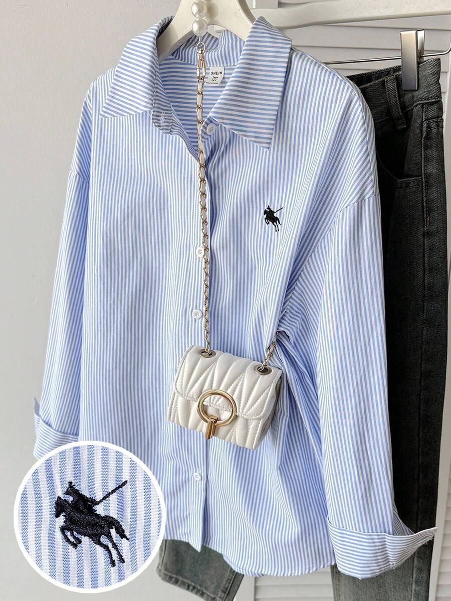SHEIN 少女蓝白条纹，条纹印花刺绣前扣休闲长袖衬衫，休闲学院风衬衫，少女衬衫，开学季
