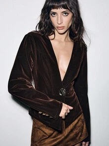 Lumivelle Chaqueta corta de mujer elegante y sexy con cuello en V, decoración de metal y cintura entallada, adecuada para ir al trabajo, otoño/invierno - Café integral - Ver 7