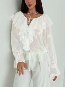 Aloruh 女士荷叶边领前系带喇叭袖宽松时尚衬衫返校季返校季返校季返校季女士返校节白色碎花浪漫荷叶边衬衫气质女神 - 白色 - 查看 8