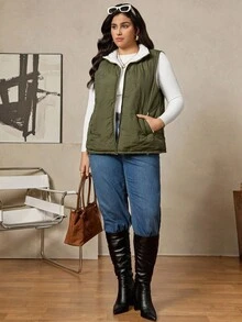 Zelara 大码女式休闲冬季纯色航海风外套，前拉链无袖口袋哥特式外套，秋季款 - 軍綠色 - 查看 7