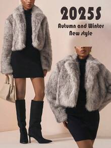 Zivah 2025新款秋冬休闲街头时尚前卫个性派对可爱甜美千禧Y2K日常约会通勤翻领露肩长袖棕白渐变条纹皮草面料毛绒面料短款外套女蓬松大衣-A - 駝色 - 查看 5