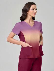 TaskEZ Scrub Uniform Set With Gradient Short Sleeve Top And Solid Color Pants - Black - View 7