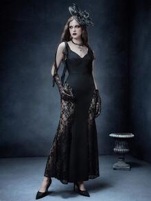 Glisette Women's Lace Patchwork Sleeveless Sexy Sheer Lace-Up Bodycon Dress - Black - View 6