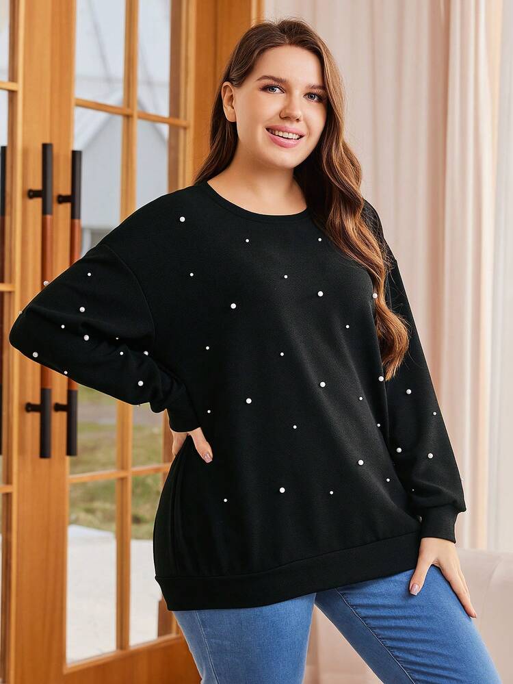 Plus Drop Shoulder Faux Pearl Beaded Pullover Sweatshirt Winter Fall Autumn