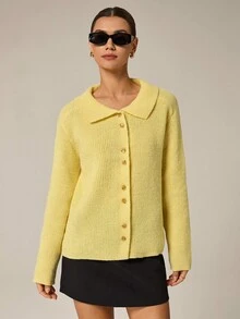 Qadelle Women's Loose Casual Cardigan, Autumn/Winter - Yellow - View 6