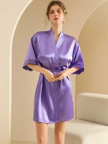 SHEIN 1 件女士纯色优雅系带短款缎面丝绸睡袍柔软睡衣新娘伴娘返校节秋冬睡衣家居服浴袍节日礼物情人节 - 紫色 - 查看 5