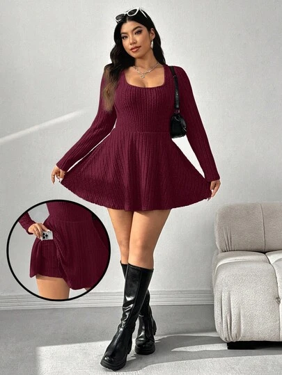 SHEIN EZwear 大码纯色方领连体裤，酒红色，秋季