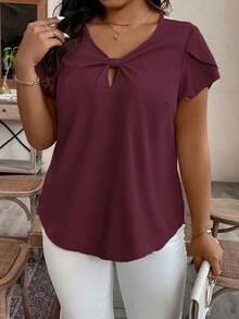EMERY ROSE Plus Size Women's Solid Color V-Neck Petal Short Sleeve Casual Casual Blouse, Summer