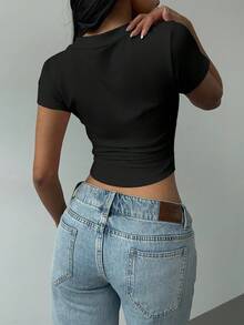 SHEIN BASICS Casual Minimalist Horse Logo Graphic V-Neck Ruched T-Shirt For Women, Suitable For Summer,Black Tops