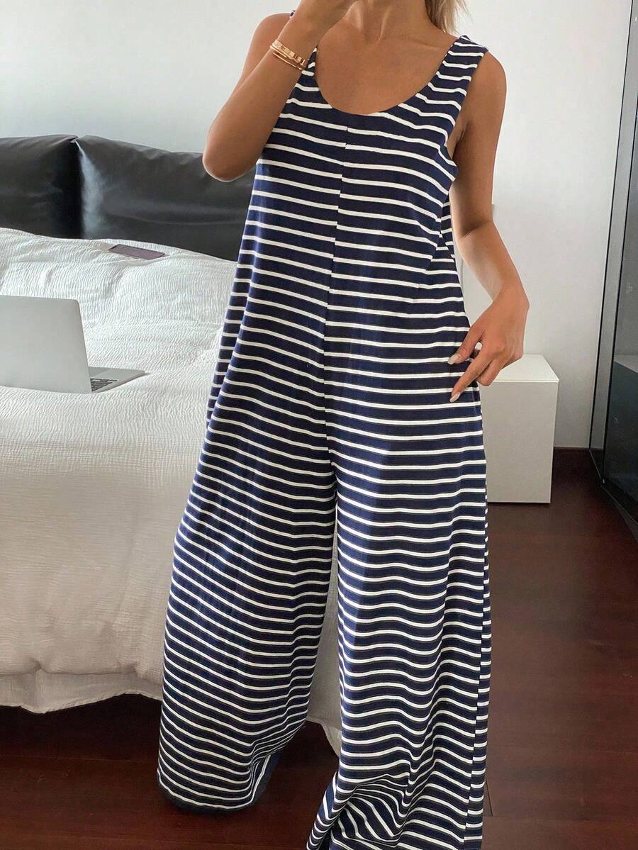 Livesso Simple Deep V-Neck Striped Sleeveless Jumpsuit Loungewear,Back To School Clothes Pajama