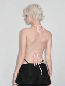 ROMWE Avant Y2K Aesthetic Lace Patchwork Bowknot Crop Top With Japanese Text Print And Rhinestones