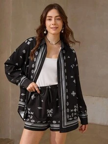 Wildy 2 pezzi Set casual da donna con top a maniche lunghe e pantaloncini con coulisse